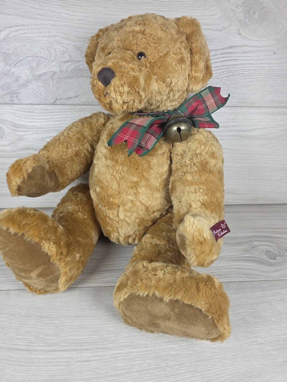 Russ Honeysett Plush Teddy Bear Vtg Collection 18" w Plaid Ribbon and Bell SU44